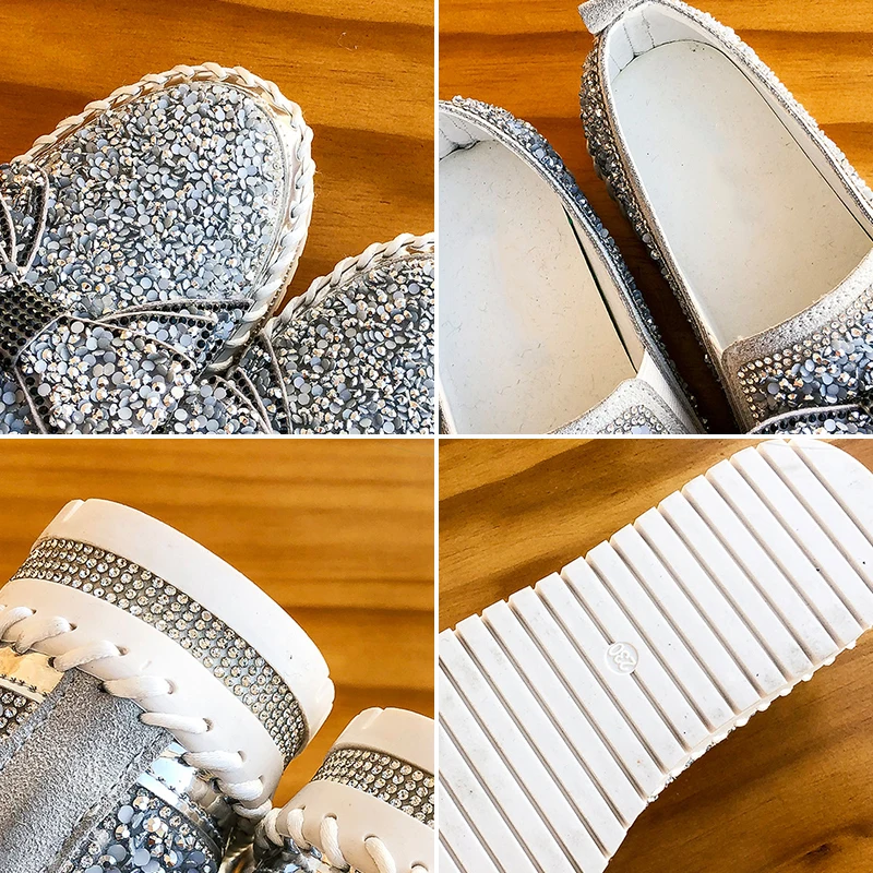 Женские удобные лоферы с блестками и бантом на низу без шнуровки плоской подошве