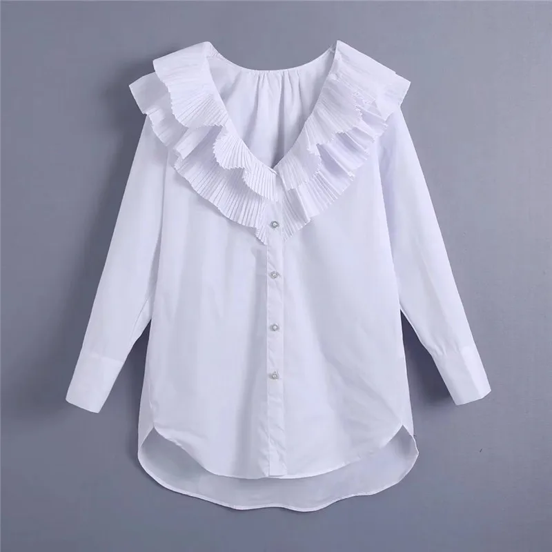 

Evfer Womens Fashion Cascade Pleated V-Neck White Long Shirts Female Casual Spring-Autumn Pearl Buttons Loose Blouse Girls Tops