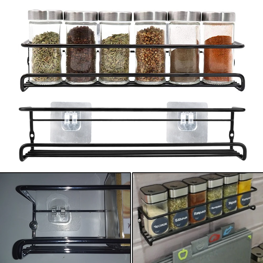 

Metal Hanging Racks Spice Jar Storage Rack Single Layer Seasoning Shelf For Home Restaurant 2 Pcs No Drilling Wall-Mounted