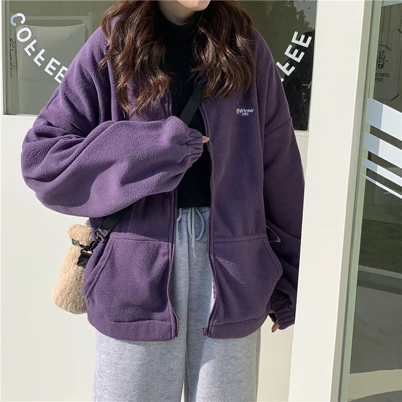 

Women Zip-up Hoodie Casual Letter Print Turn-down Collar Fleece Oversized Sweatshirt Top Solid Autumn Winter Street Sweatshirts