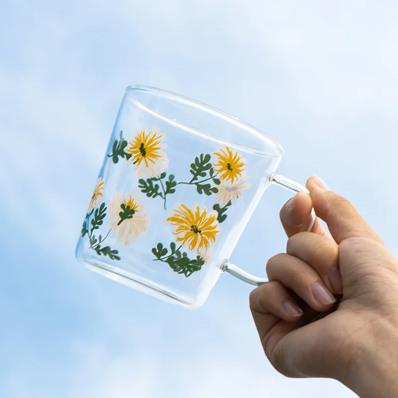 

Yellow daisy with handle glass coffee cups ins wind retro glass vintage heat-resistant milk breakfast cups mug drinkware