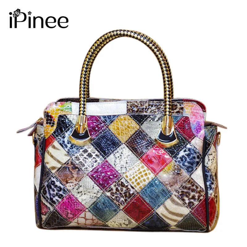 iPinee Brand Handmade Patchwork Designer Female Bags Weaved Handle Shiny Embossed Real Leather Tote Handbags For Women