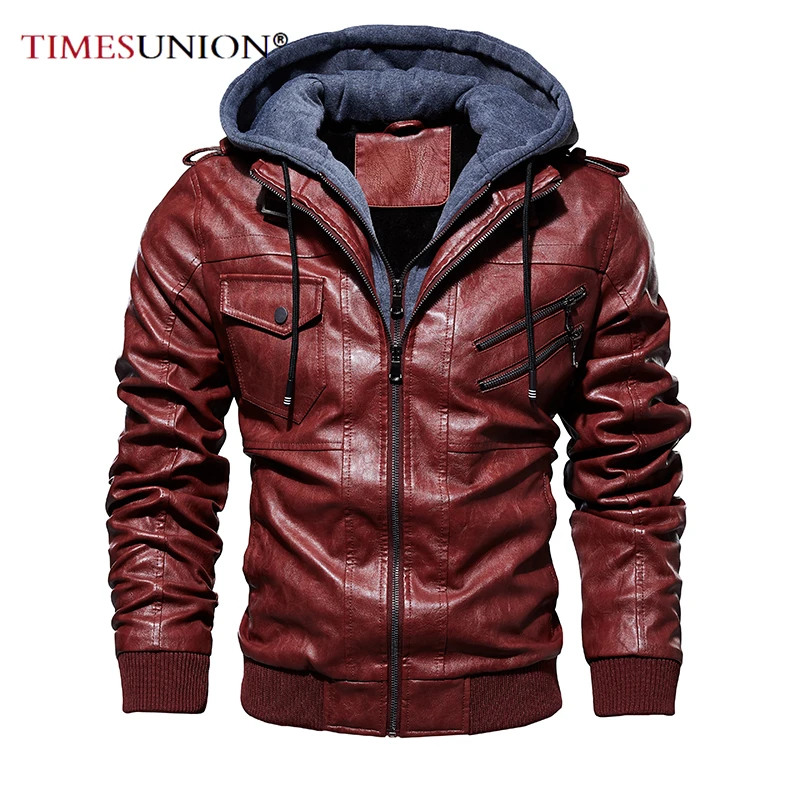 

Винтажная мотоциклетная куртка, Мужская Уличная Повседневная куртка из искусственной кожи, мужское зимнее пальто, Клубные бомберы с капюшо...