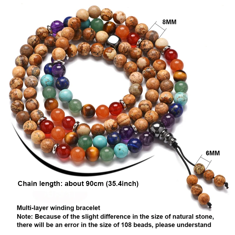 

8mm Buddhism Lava Stone 7 Chakra Spiritual Men Rosary Prayer Beads 108 Mala Bracelets Yoga Tibetan Bohemia Multilayer Bracelet