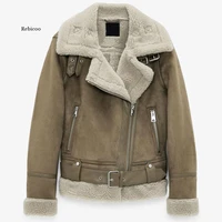 winter new women thick warm vintage suede lambswool biker jackets coat chic sashes casual loose faux leather outwear tops female