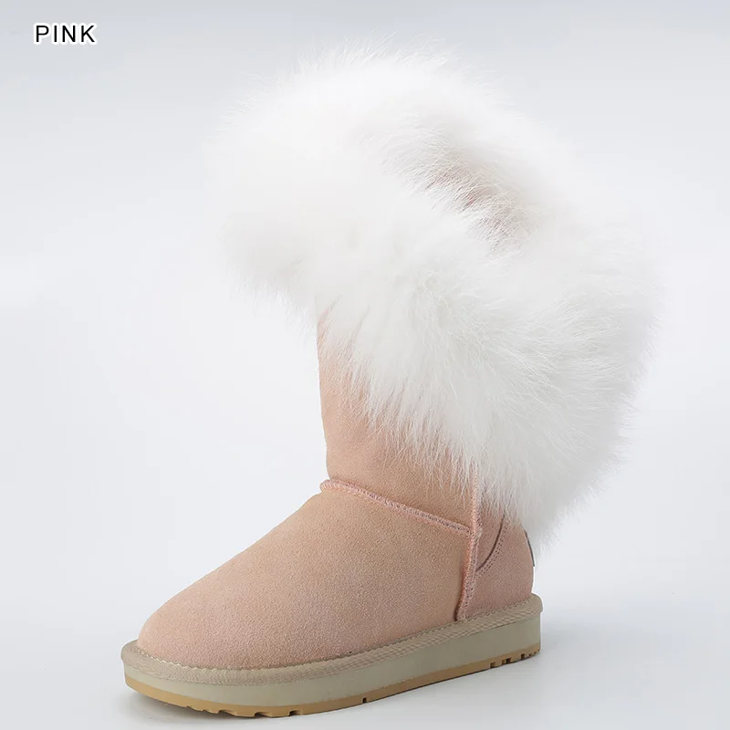 Pink INOE модные стиль объемный натуральный Лисий Мех Женские зимние ботинки для женщин коровья замша зимняя обувь женские зимние полусапоги на плоской подошве удобные сапоги до середины икры черный, коричневый - Цвет: Pink