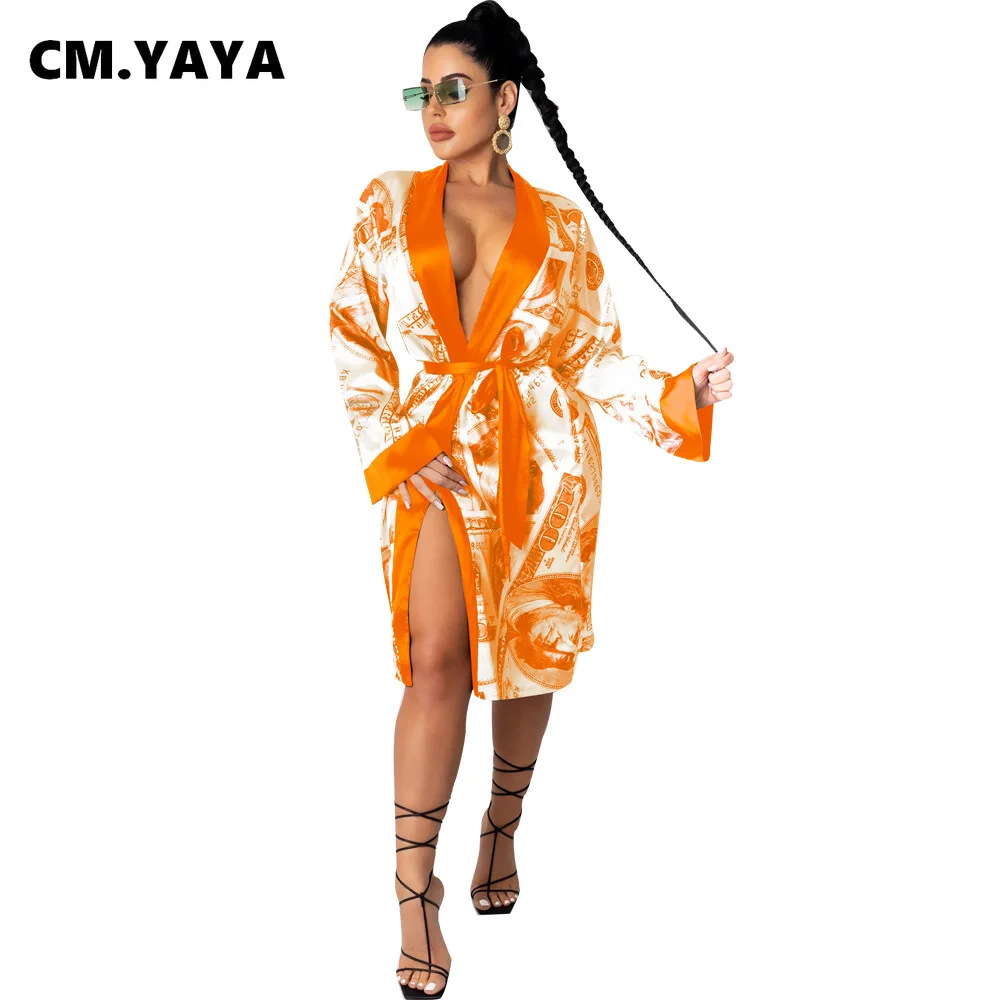 CM.YAYA Women Autumn Winter Benjamin US Dollar Print Open Stitch With Sashes Sleepwear Dress Bodycon Night Club Party Vestidos | Женская