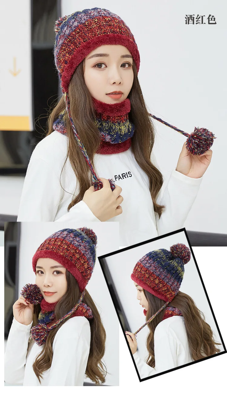 Fashion Winter Hat Scarf Set For Women Girl Warm Beanies Cap Lady Ring Scarf Pompoms Winter Hats Knitted Caps Scarf 2 Pieces