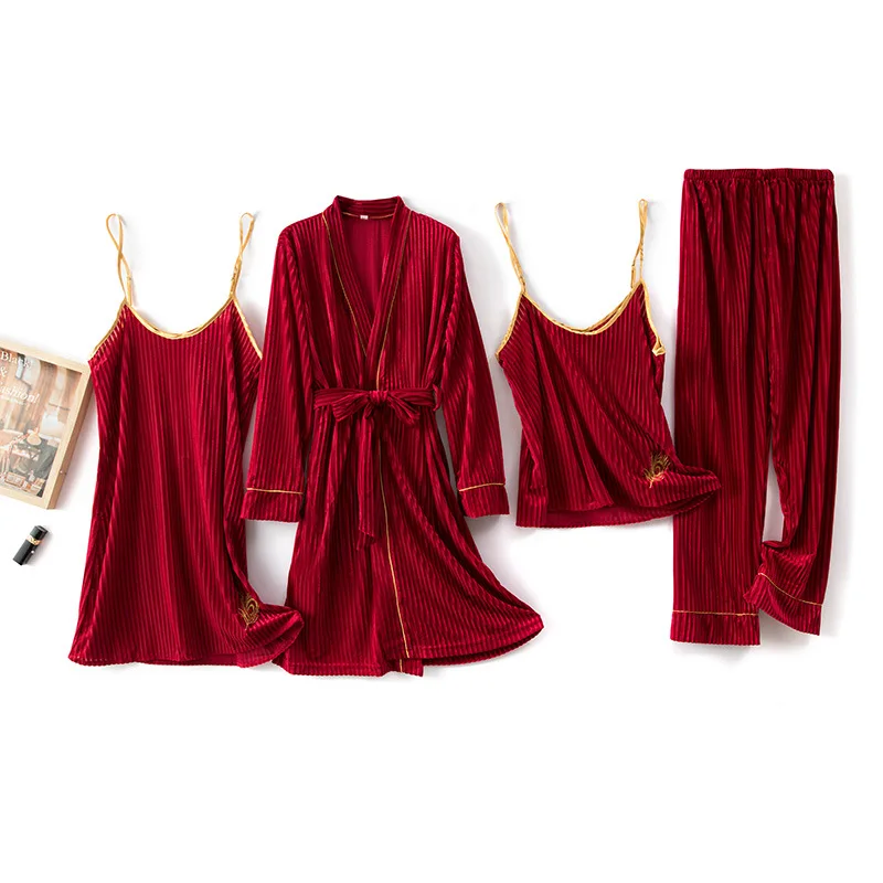 

New Autumn Velour 4PCS Pajamas Set Sleepwear Embroidery Kimono Bath Robe Gown Nightwear Casual Loose Sleep Set Velvet Homewear