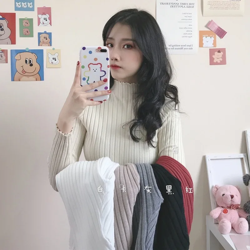 

Приталенный полосатый свитер с длинным рукавом и полувысоким воротником, женский осенне-весенний свитер абрикосового цвета, согревающий в...