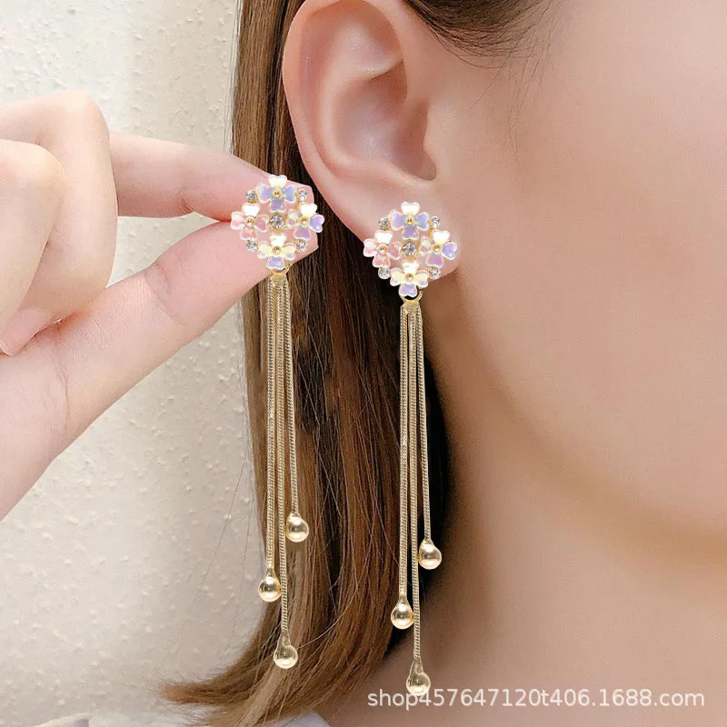

High-quality Flower Korean Temperament Earrings Female Round Face Thinner Tassel Long Earrings 2021 New Trendy Earrings