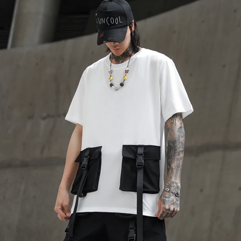 

2020 New Summer Men Short Sleeve Streetwear T shirts Hip Hop Ribbons Big Pockets Tee Shirt Homme ABZ671