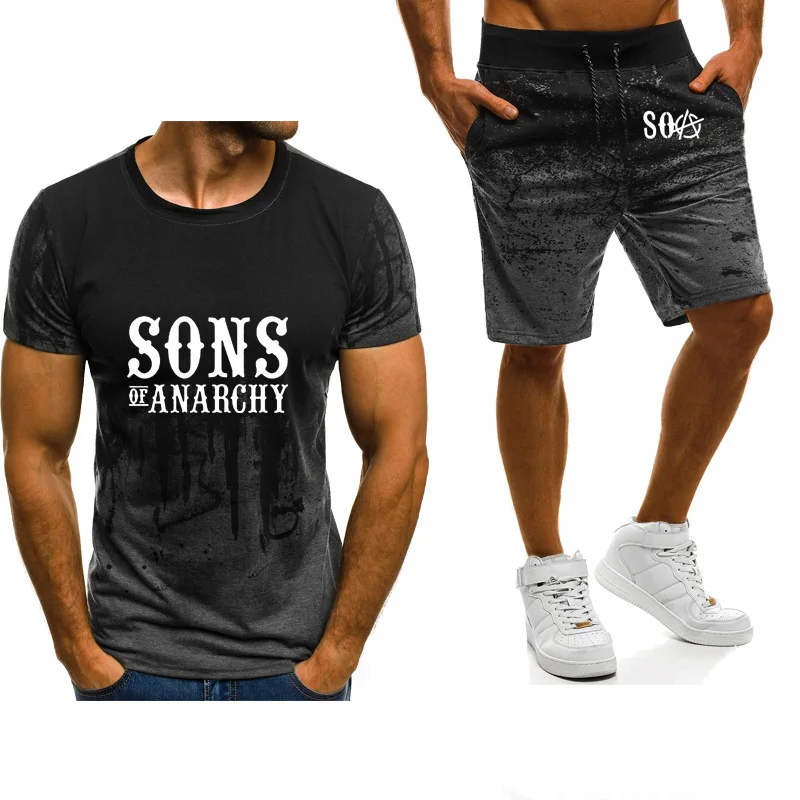 

Summer Hot TV SOA Sons of Anarchy Printing Mens Gradient Short Sleeve High quality Cotton Mens T-Shirt+shortssuit 2Pcs suit