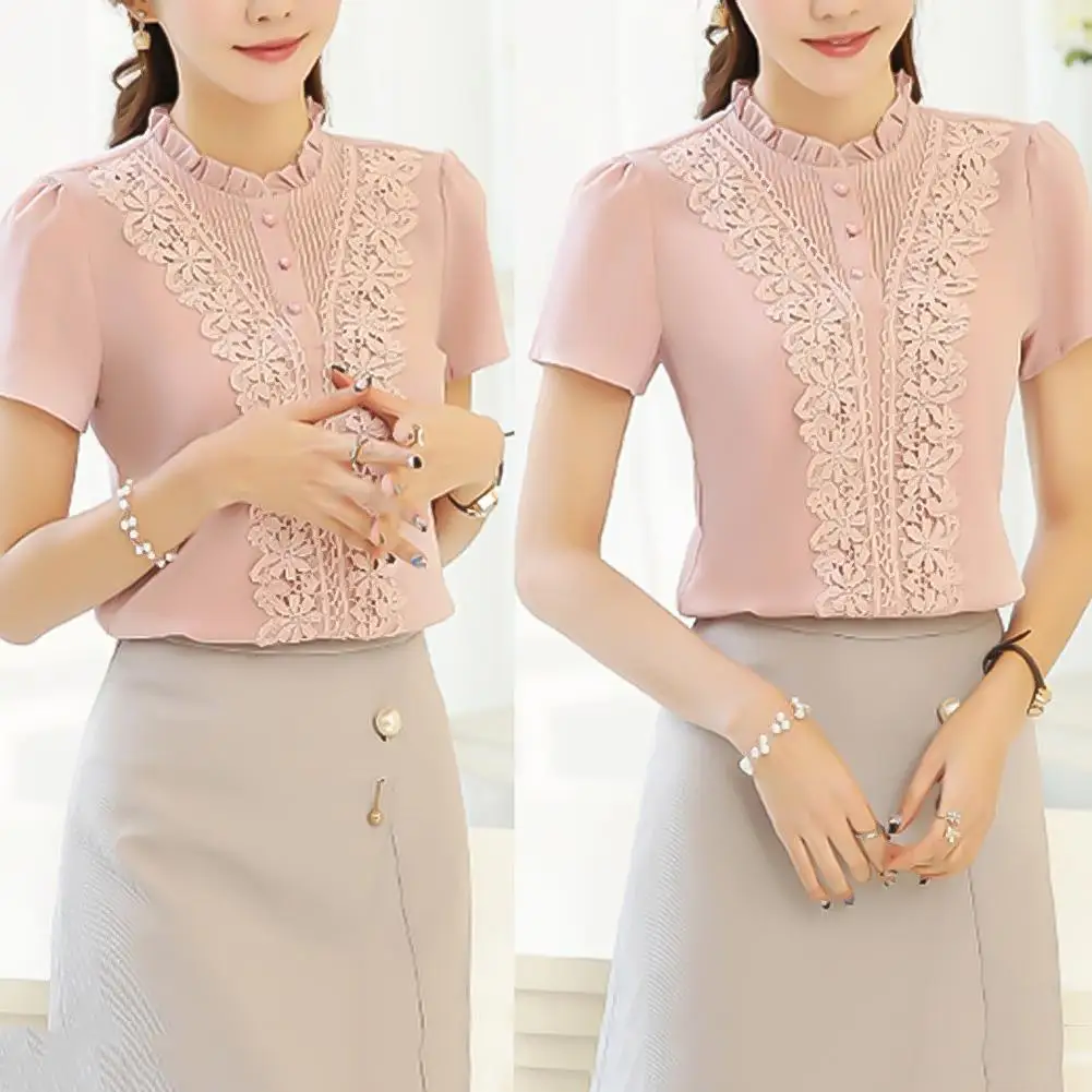 

2019 New Fashion Summer Women Floral Lace Splice Blouse Solid Color Short Sleeve Shirt