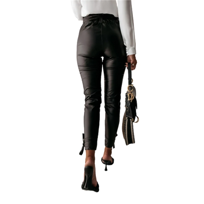 

New Fashion Women Solid Black Leather Pants Zip Up High Waist Female Bandage Slim Trousers Club Wear For Women