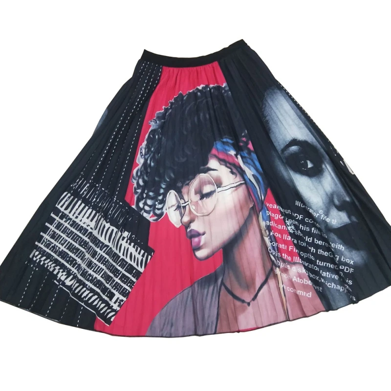 X Fashion Skirts Womens Cartoon Explosion Head Beauty Print Pleated Skirt High Waist Personality Maxi Elastic A-line | Женская одежда