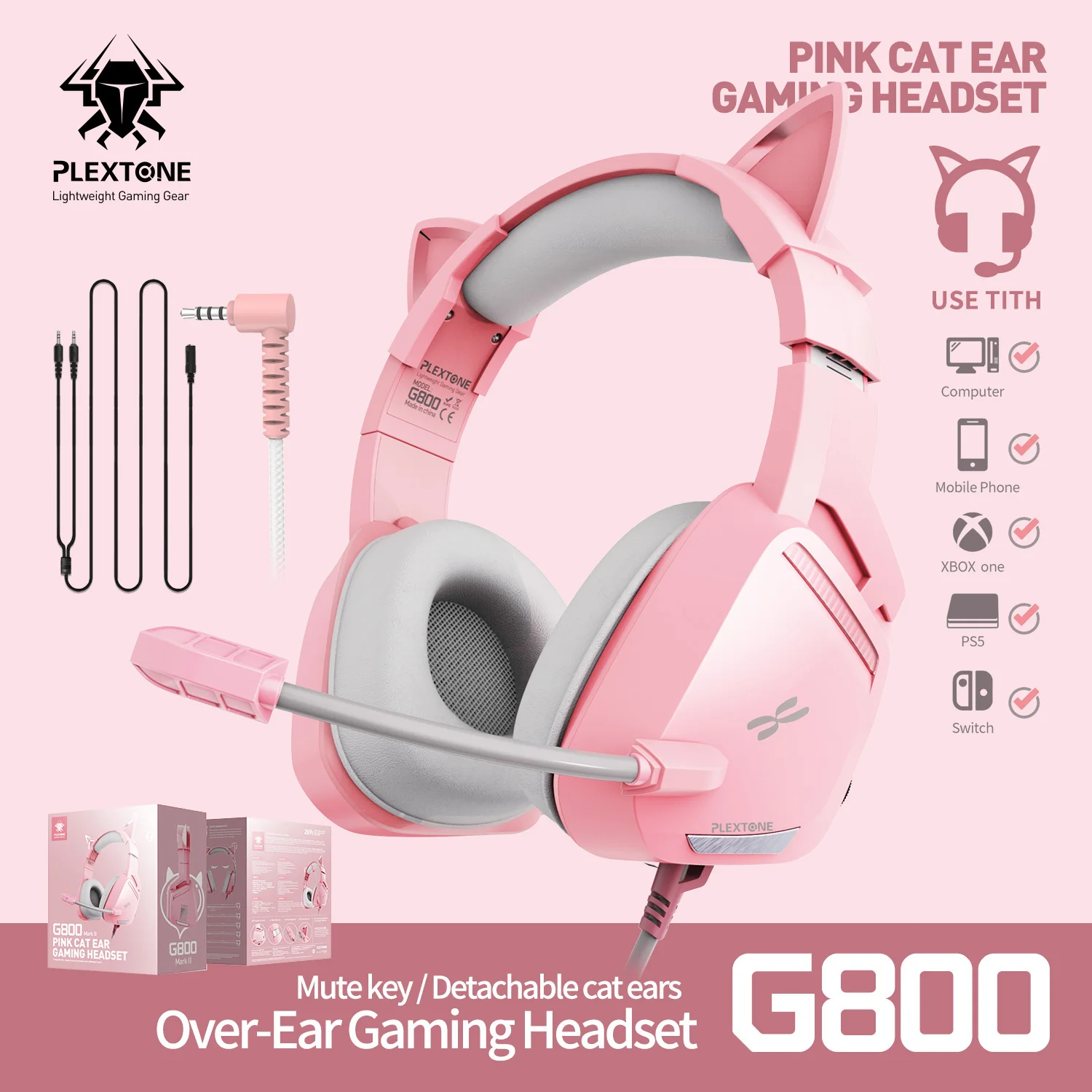 Милые Игровые наушники Plextone G800 розового цвета с микрофоном и кошачьими ушками