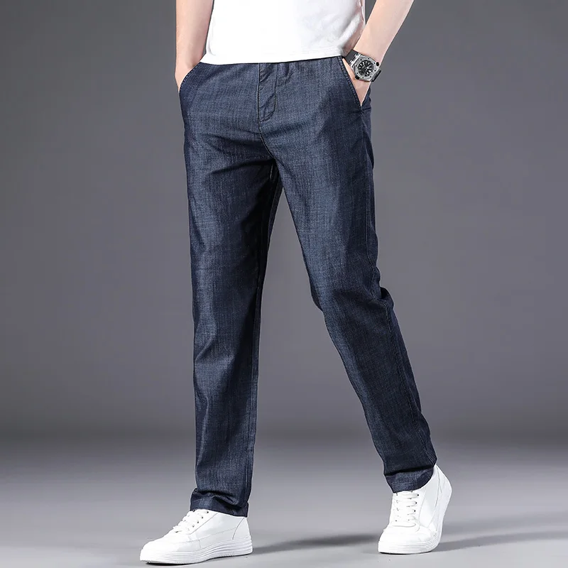 Fashion Ice Silk Jeans Men Modal Loose Straight Business Pants Mens Summer Thin