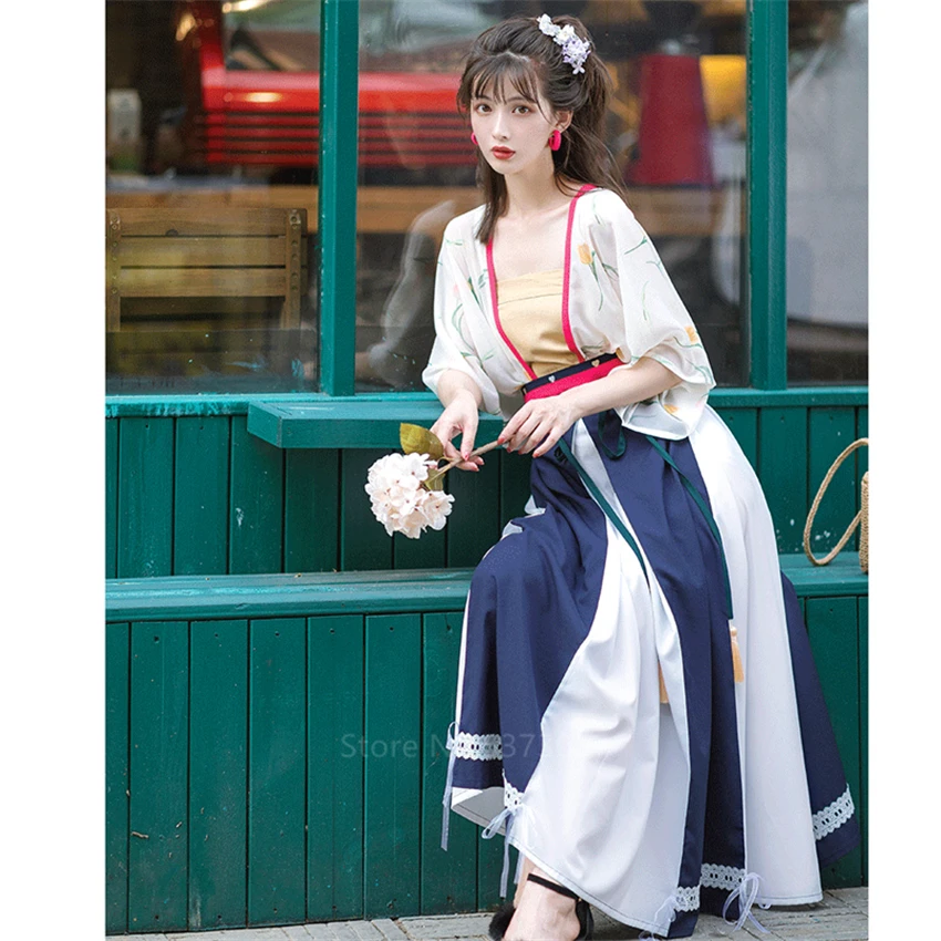 

2021 New Style Hanfu Women Chinese Traditional Embroidered Hanfu Tops Skirt 2 Pieces Sets Cosplay Costume Daily Improve Dress