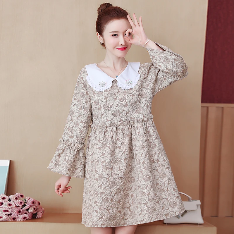 

5XL Plus Size Women Kawaii Mini Dresses Spring 2021 Cute Peter Pan Collar Flare Sleeve Loose Retro Jacquard Backless Dress