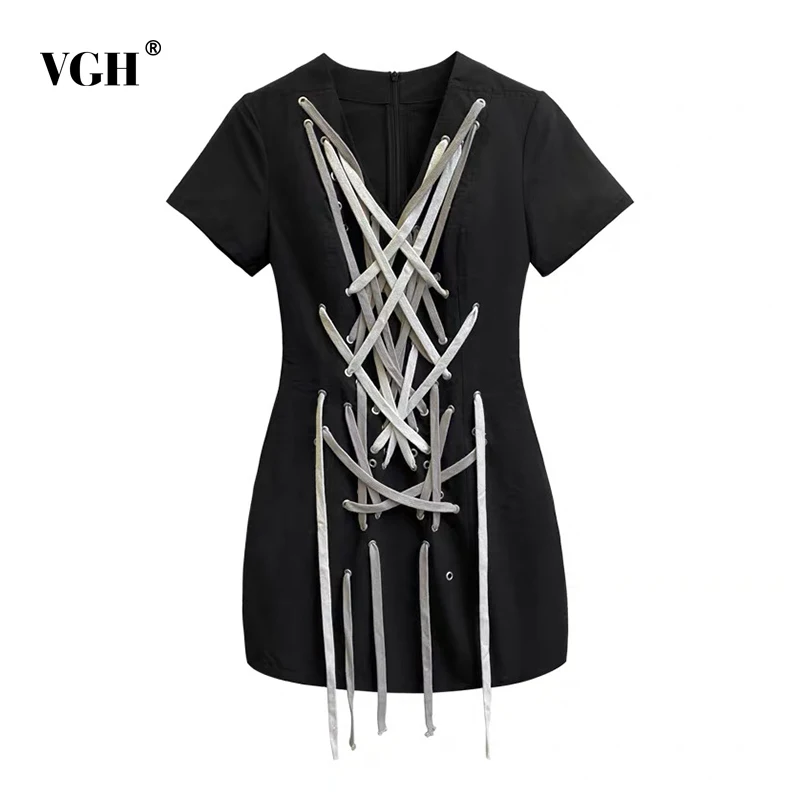 

VGH Patchwork Cross Bandage Women Dress V Neck Short Sleeve Drawstring Mini Black Dresses Female 2020 Summer Fashion New Clothes