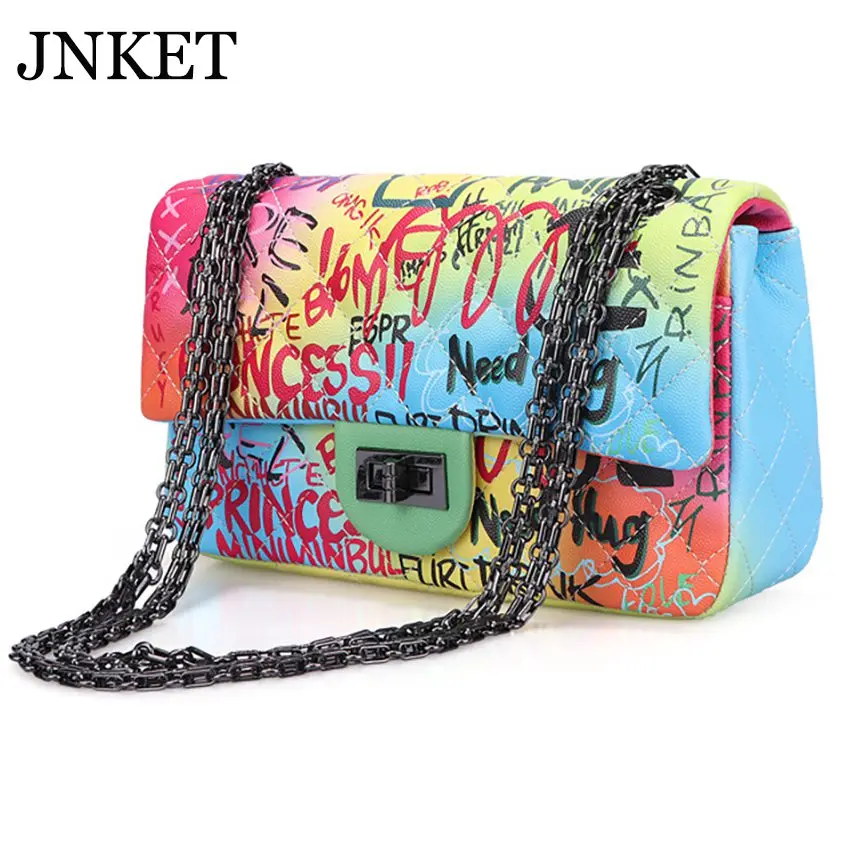 

JNKET New Fashion Women's Graffiti Shoulder Bag PU Leather Chain Bag Casual Sling Bag Crossbody Bag
