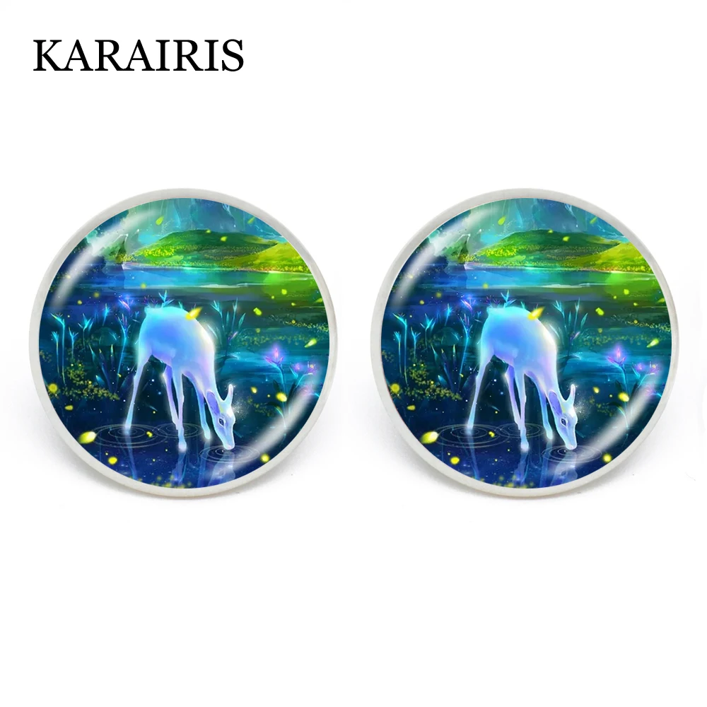 

KARAIRIS Painting Elk Deer Glass Cabochon Earrings Bronze/Golden/Gun Black Color Ear Stud Earring for Girls Women Jewelry