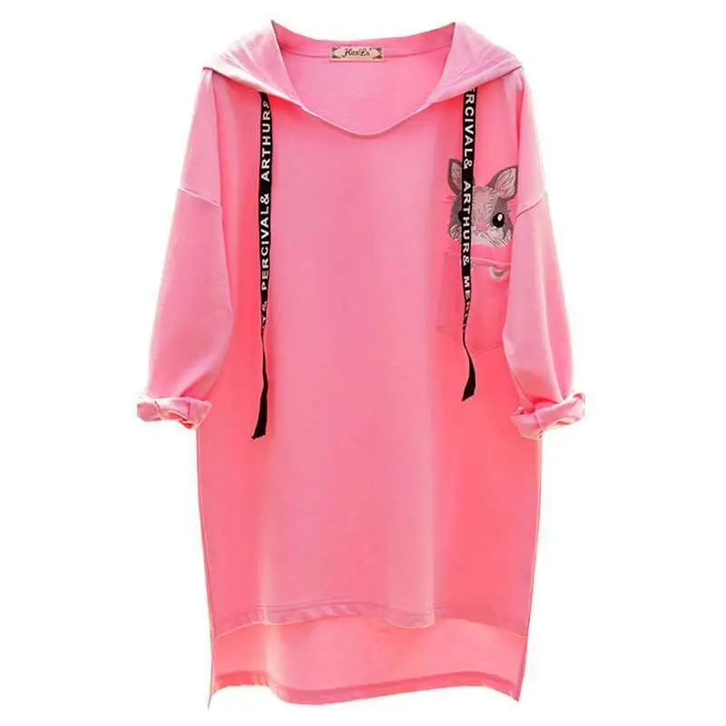 

2021 Spring Korean Version of All-match Hooded Long Shirt Rabbit Print Loose Bottoming Shirt Casual Women