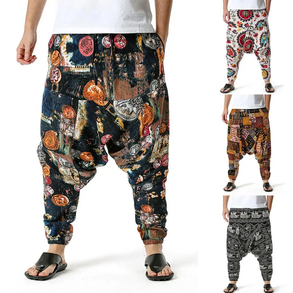 

80% Hot Sales!!Men Pants Printed Drop Crotch Summer Multi Pockets Loose Trousers for Beach
