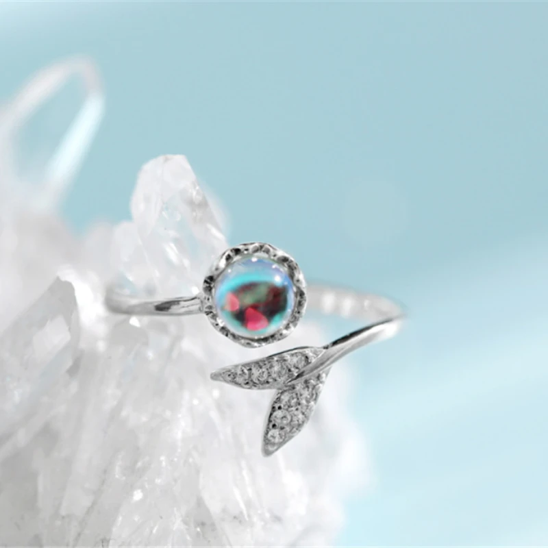 

2021 new ring romantic sweet mermaid lady S925 sterling silver open type diamond blue glass banquet party ring gift jewelry