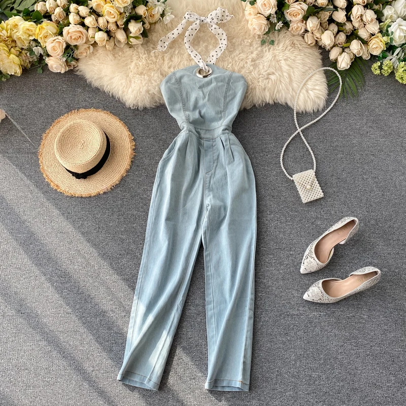 

Light Blue Denim Jumpsuit Women New Fashion High Waist Thin Pocket Sleeveless Solid Color Sexy Overalls L946