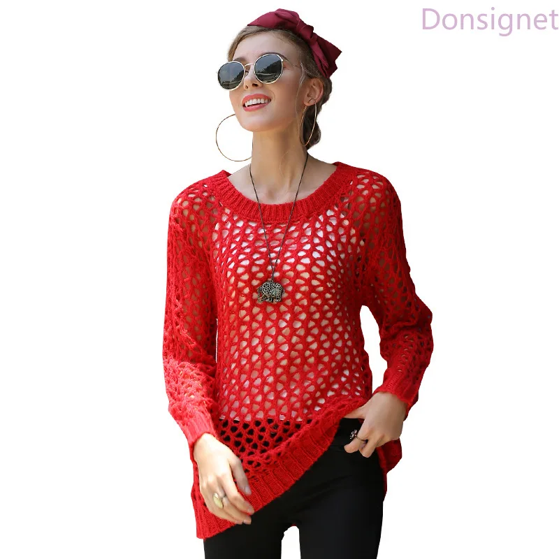 

Donsignet Women's Sweater New Fashion Round Neck Pullover Sexy Hollow Knit Long Sleeves Sweater Women's clothing