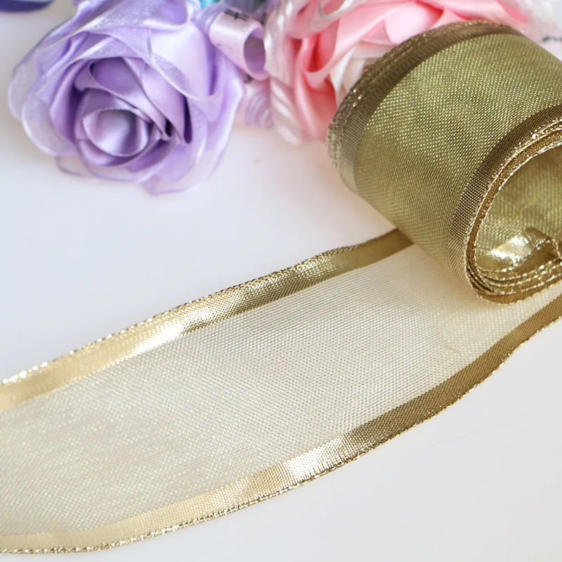5 см 5-ярд DIY аксессуары со стальным край провода, жесткий сетчатый, лента, желтая лента, декоративная рождественская ель подарок коробка, бант Упаковка