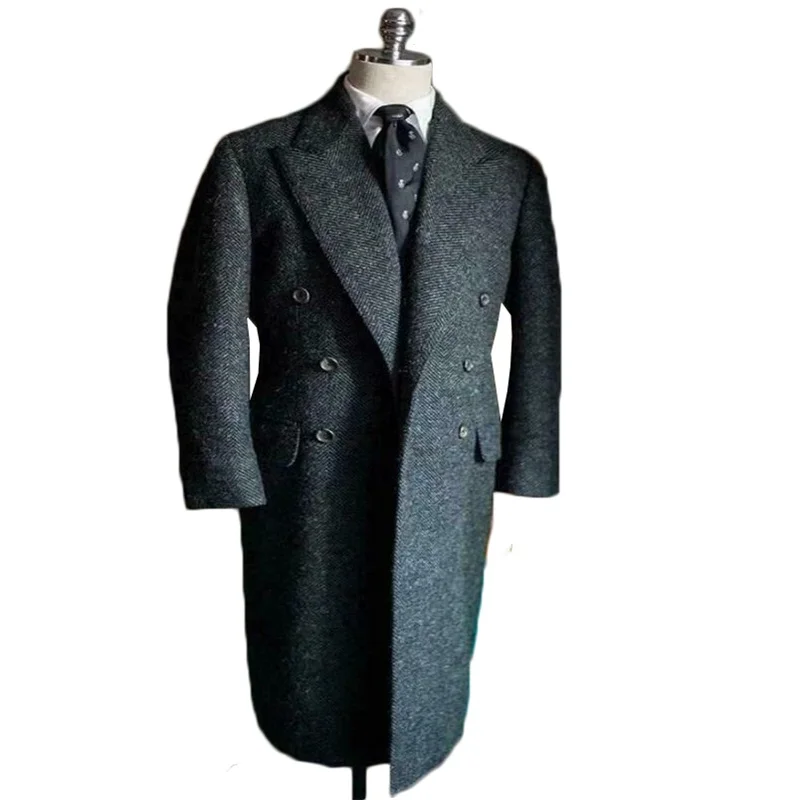 Herringbone Men Suits Black Wool Thick Fashion Custom Made Long Men Coat Winter Lapel Fashion Business Jacket Cheap