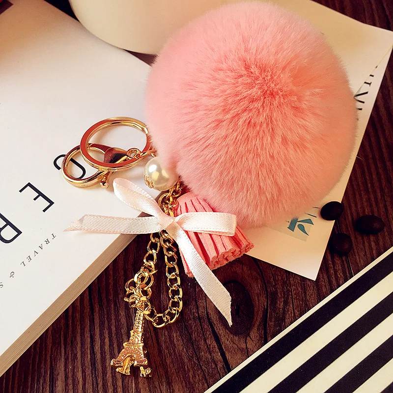 

Rex Rabbit Hair Ball Tower Keychains Cute Bowknot Rabbit Hair Ball Key Chain Pendant For Women Bag Key Chain Gifts