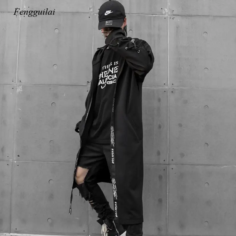 Autumn winter men asymmetric design ribbons patchwork hip hop punk rock trench coat male korean long cardigan vintage jackets | Мужская