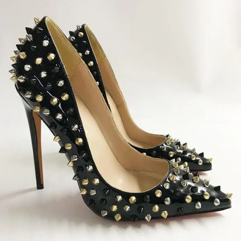 

Black Patent Leather Women's Pumps Heels Rivet High Heels Pointed Thin Heel Shallow Single Shoe Sexy Nightclub Pump 12cm Shoes