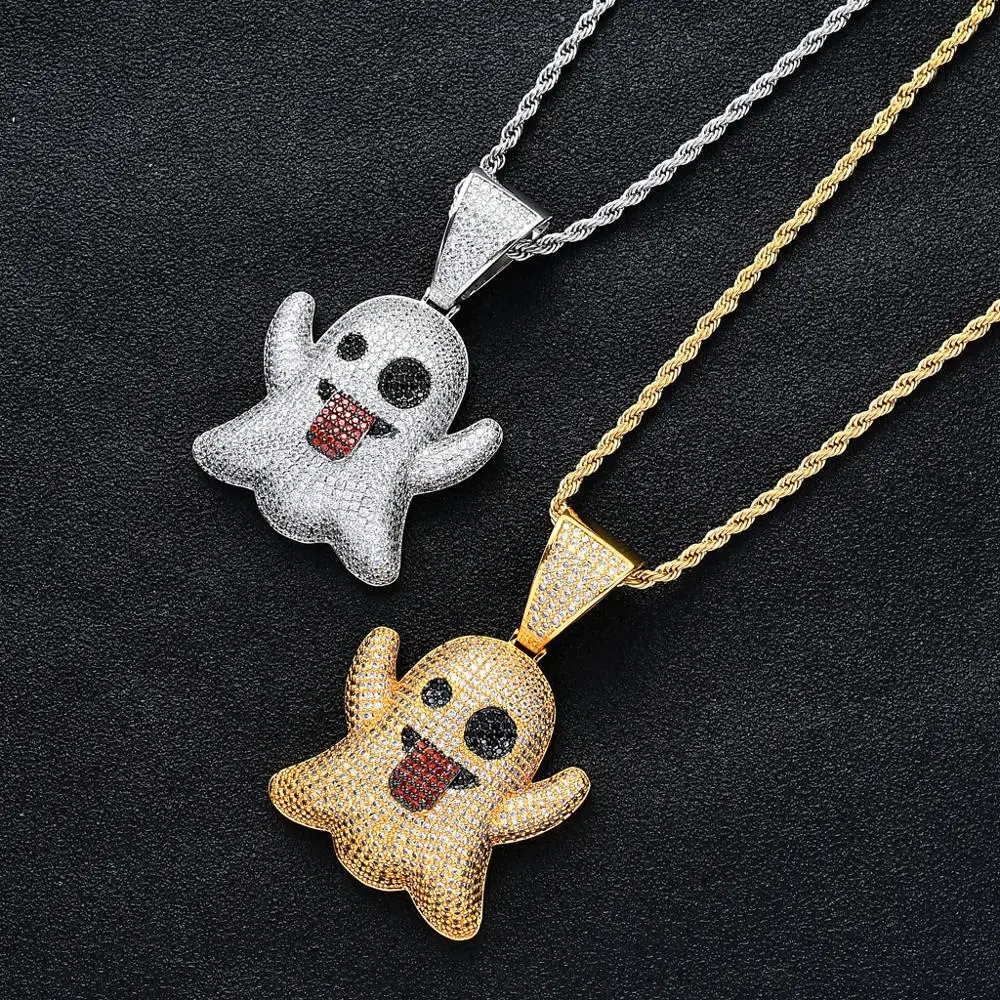 

MATHALLA Bling Iced Out Ghost Pendant Necklace with Rope Chain Gold Silver Color Cubic Zircon Hip hop Jewelry For Gift