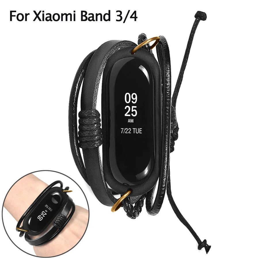 Ремешок кожаный для Xiaomi Mi Band 4 3 сменный винтажный плетеный браслет часов