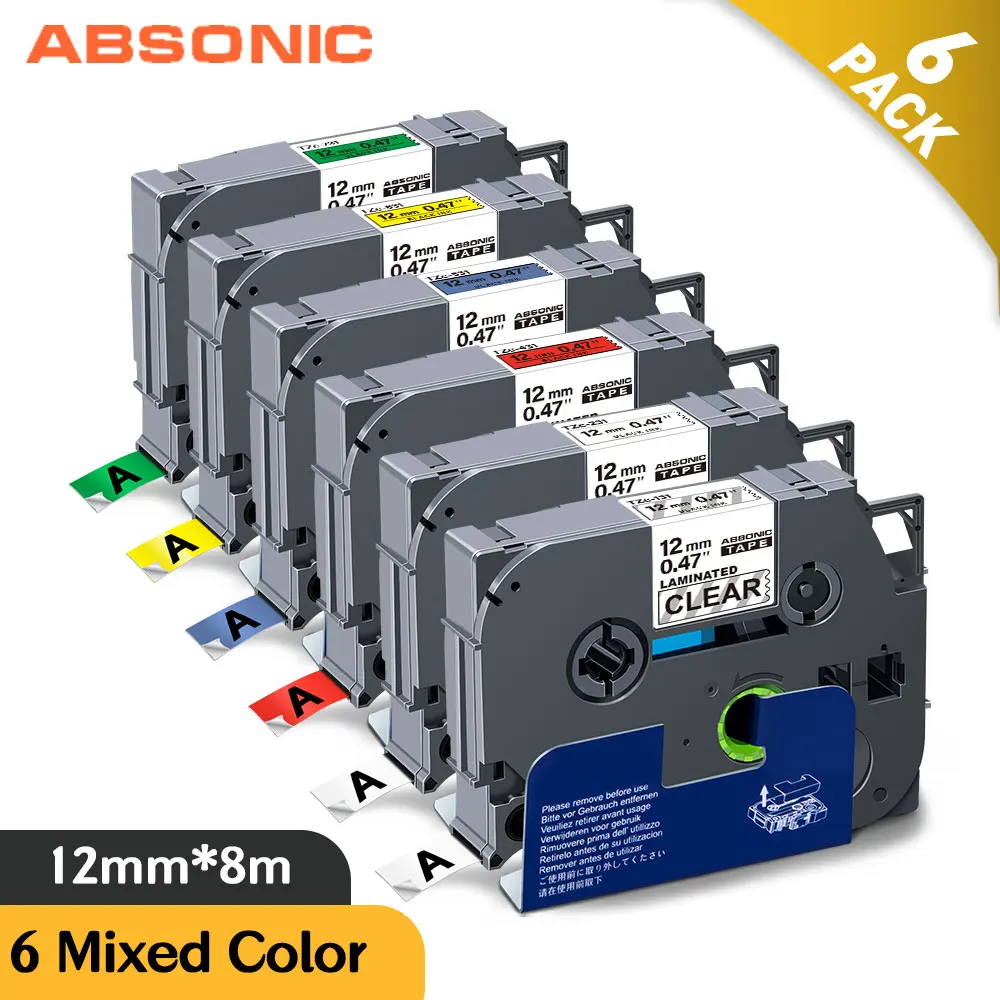 

Absonic 6PK смешанные Цвет TZ-231 tz231 12 мм ламинированная этикетка лента черная и белая совместимый для 231 Brother Ptouch 231 этикетировщик