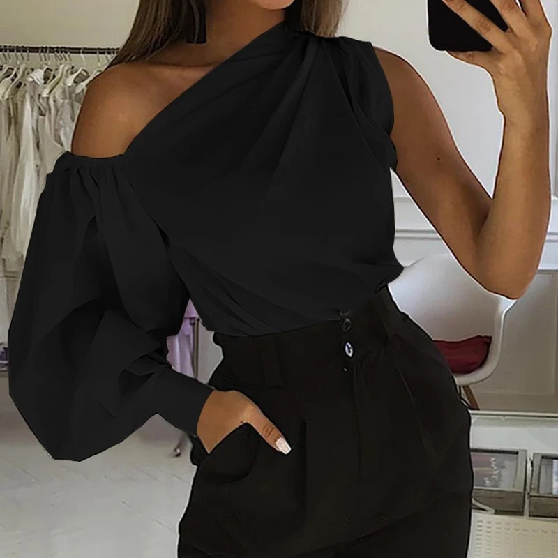 

Women Elegant Off Shoulder Solid Blouse Shirt 2020 Autumn Sexy Skew Collar Pullovers Tops Ladies New Long Lantern Sleeve Blusa