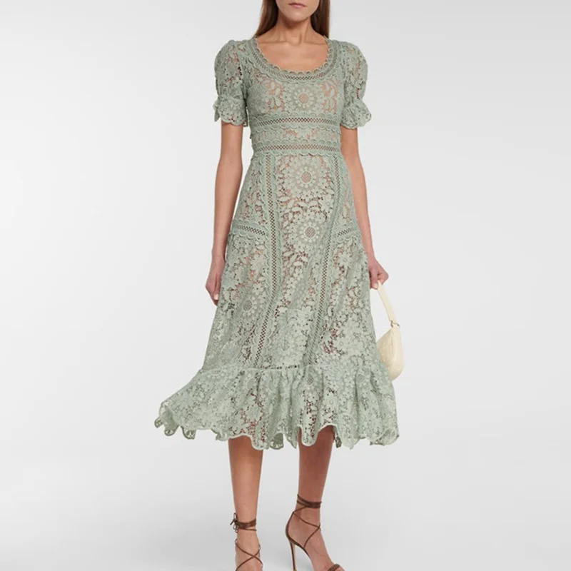 

Runway Dress New Arrival 2021 Women Hollow Out Puff Sleeve Sexy Floral Lace Long A Line Midi Dress White Party Dress