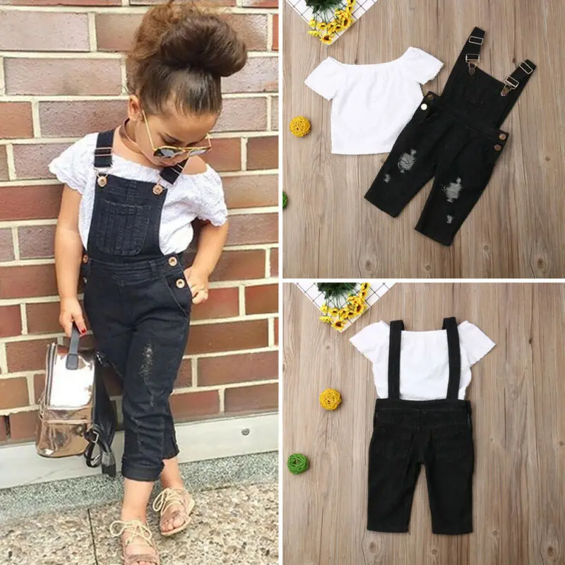 

Toddler Kid Baby Girls Lace Tops Bib Pants Jeans 2PCS Outfits Summer Clothes for Children Kids Baby Girls