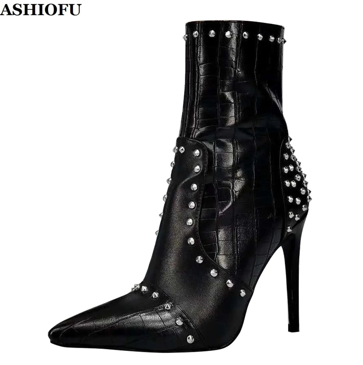 

ASHIOFU 2020 New Ladies High Heel Boots Real Photos Rivets Studdeds Pointy Ankle Booties Large Size Evening Fashion Short Boots
