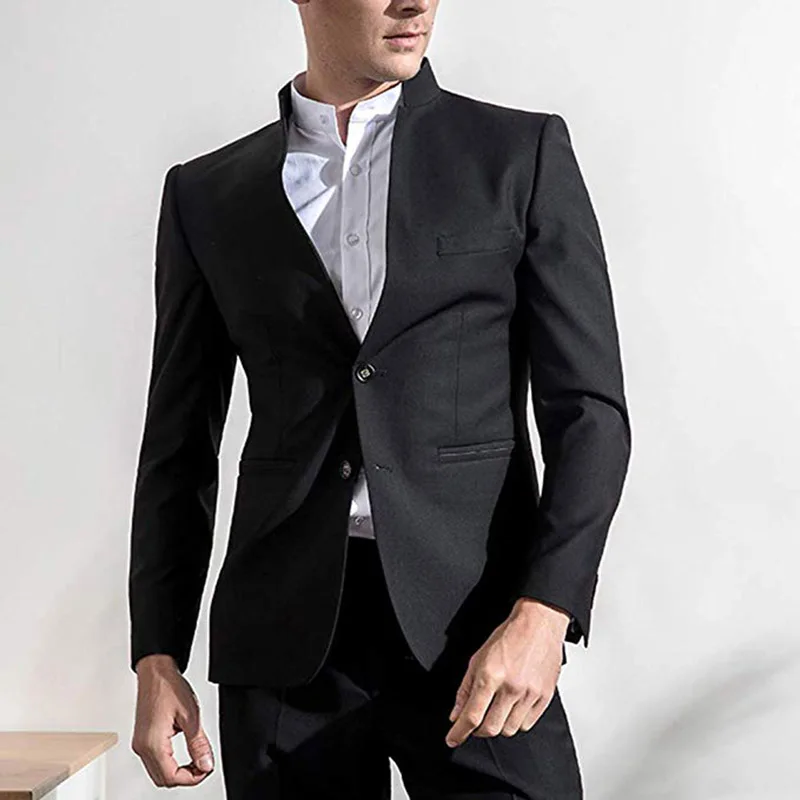 

Solovedress (Блейзер + брюки) мужской костюм из 2 предметов в винтажном стиле воротник-стойка приталенный силуэт для шафера смокинги для случая 100% ...