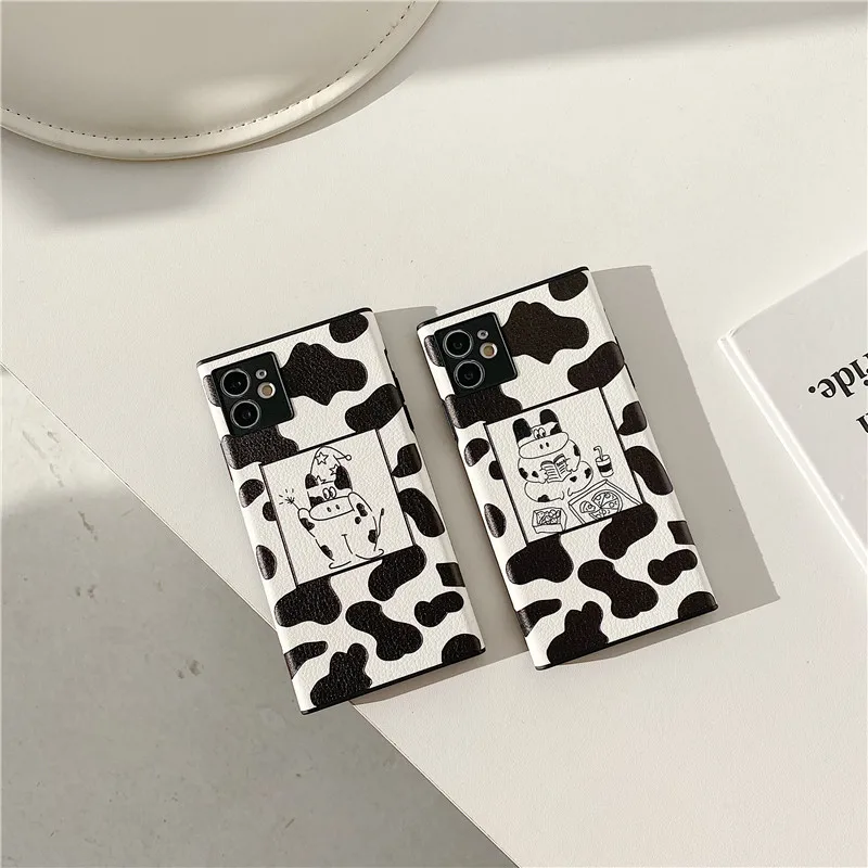 

Fashion Milk Cow Pattern Phone Case For iPhone 12 11 Pro X XS Max Xr 8 7 Plus Square Leather Soft IMD Silicon Back Cover Coque