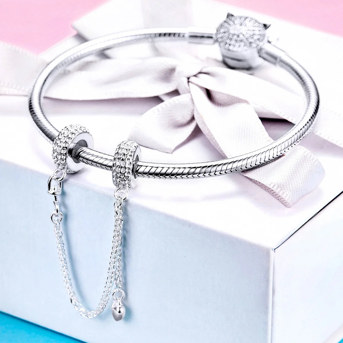 

925 Sterling Silver Love Connection Safety Chain Charm Fit Bracelet Heart Shaped Sterling Silver Jewelry