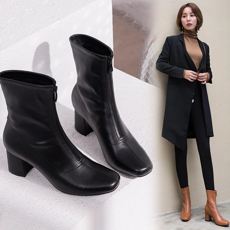 

natural Leather Women Ankle Boots top layer cowhide Pigskin lining outdoor booties woman ankle boots Solid color Front zip