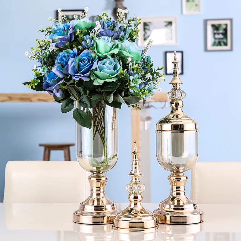 

European Flower Vase Ornaments Luxurious Metal Container Living Room Decoration Sundries Holders Flower Arrangement Art Vases