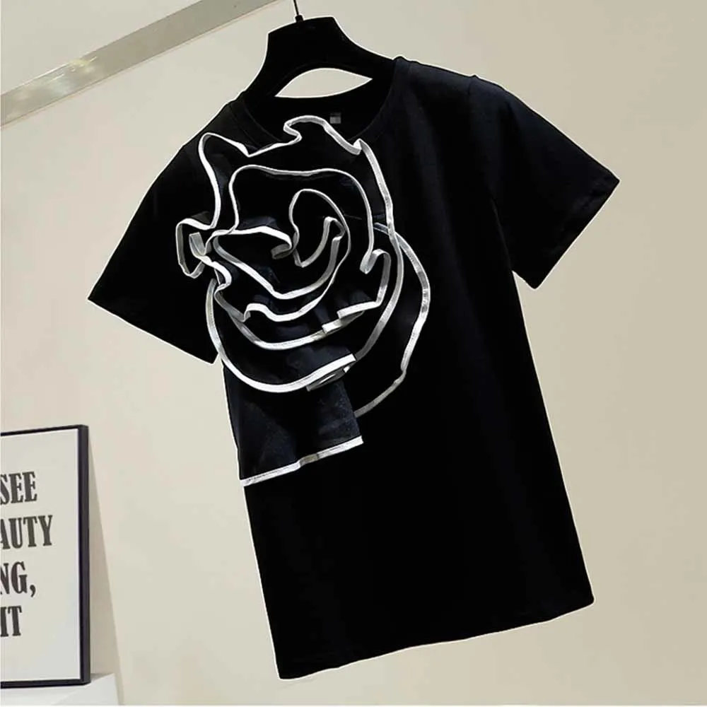 Футболка женская трехмерная с коротким рукавом модный топ крупными цветами и